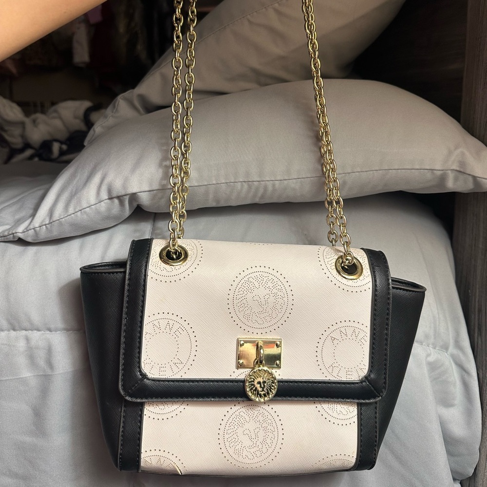 Anne Klein Black and Cream Shoulder Bag with Gold Hardware - Picture 2 of 15